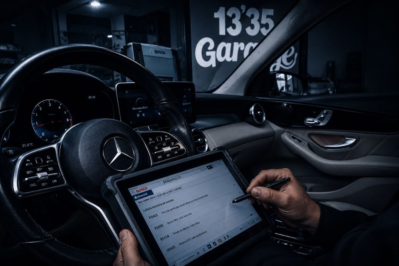 Técnico realizando diagnóstico eletrônico Bosch KTS na 1335 Garage